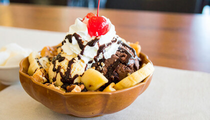 Delicious Looking Ice Cream Banana Split with Chocolate and Cherries 106