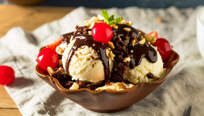 Delicious Looking Ice Cream Sundae with Chocolate and Cherries 109