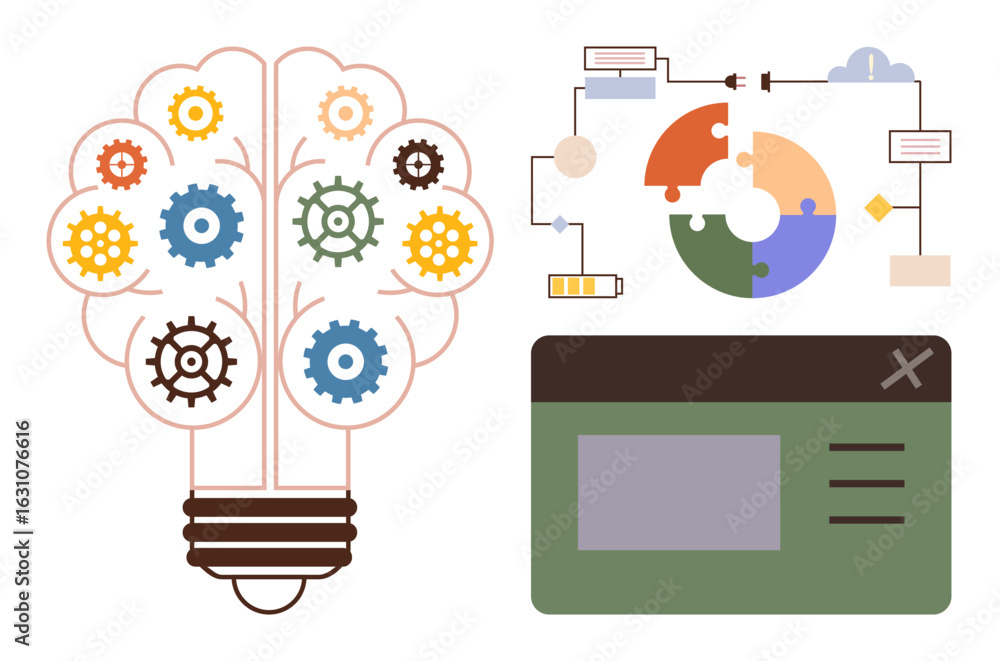 Poster lightbulb with embedded gears, puzzle, flowchart, and interface symbolizing innovation, process opti