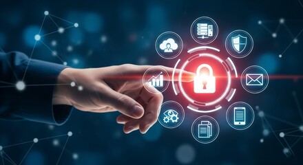 Fototapeta premium Cybersecurity Data Access Interface With Glowing Lock Icon and Network Technology Elements