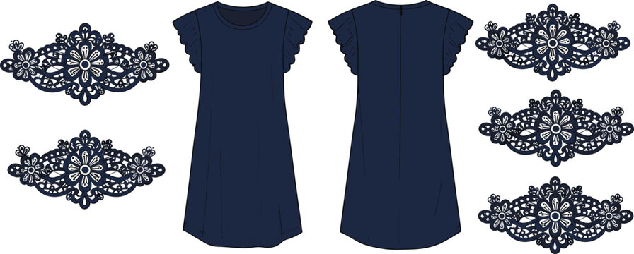 Elegant navy dress with ruffle sleeves, front and back view, floral lace applique, flat fashion sketch, cad drawing flat vector illustration, apparel design element