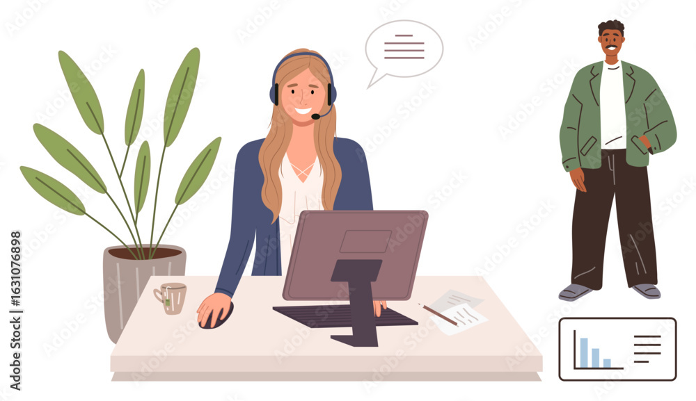 Poster smiling support agent at desk with headset, interacting via computer. nearby client holds inquiry. i
