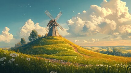 Windmill stands on grassy hill