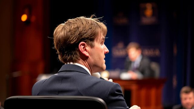 Man suit sitting courtroom chair attending supreme court appeal hearing focused legal process with serious atmosphere and blurred
