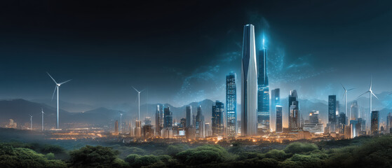 Smart city skyline with tall business skyscraper buildings and sustainable wind turbines glowing at night in futuristic urban environment