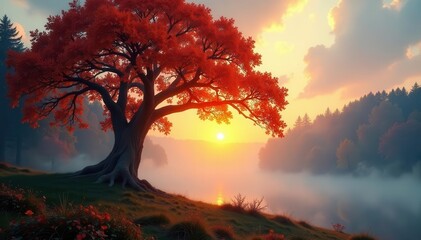 Ancient tree, sunrise rays pierce autumn fog, vibrant foliage , fall woods, forest, autumn