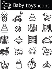 Fototapeta premium Large Set of Child Concept Icons – Baby Accessories, Toys, and Happy Faces in Black and White Vector Style.
