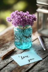 Flowers in jar with love note