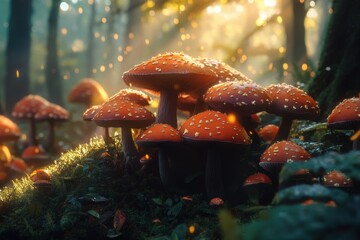 Fly agaric mushroom growth in forest