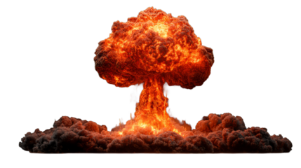  Bomb explosions, fire bursts and atomic mushroom cloud isolated on white background