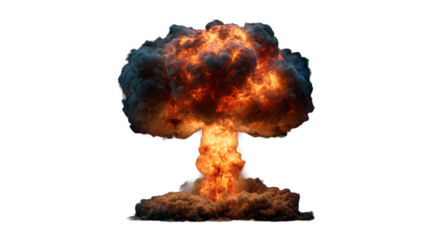  Bomb explosions, fire bursts and atomic mushroom cloud isolated on white background