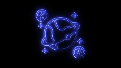 Glowing Blue Neon Planet and Celestial Objects on Black Background Abstract Illustration