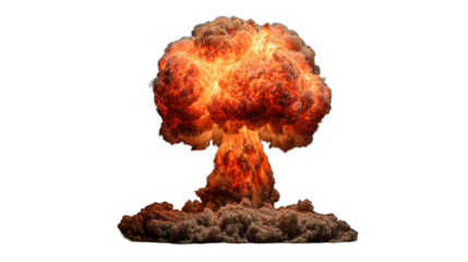  Bomb explosions, fire bursts and atomic mushroom cloud isolated on white background