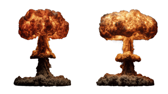  Bomb explosions, fire bursts and atomic mushroom cloud isolated on white background