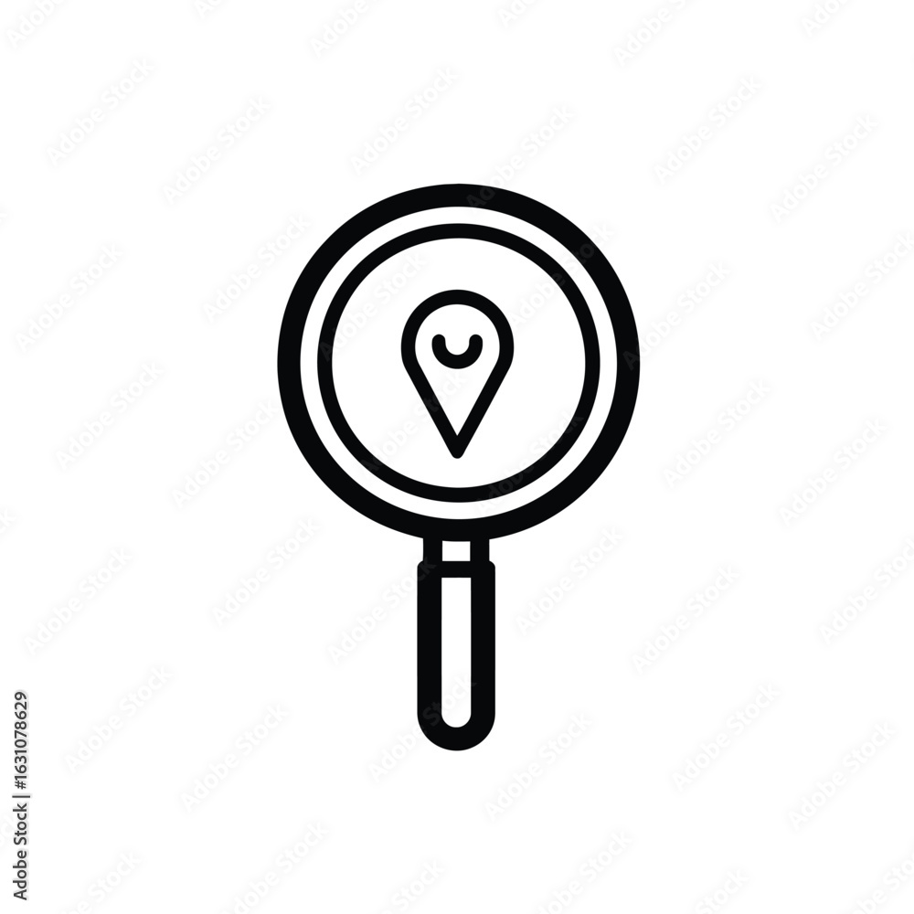 Poster location pin under magnifying glass, navigation searching with transparent background