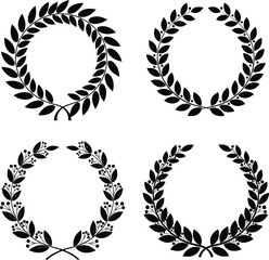 Vector floral laurel wreaths set with vintage golden winner award leaf circles