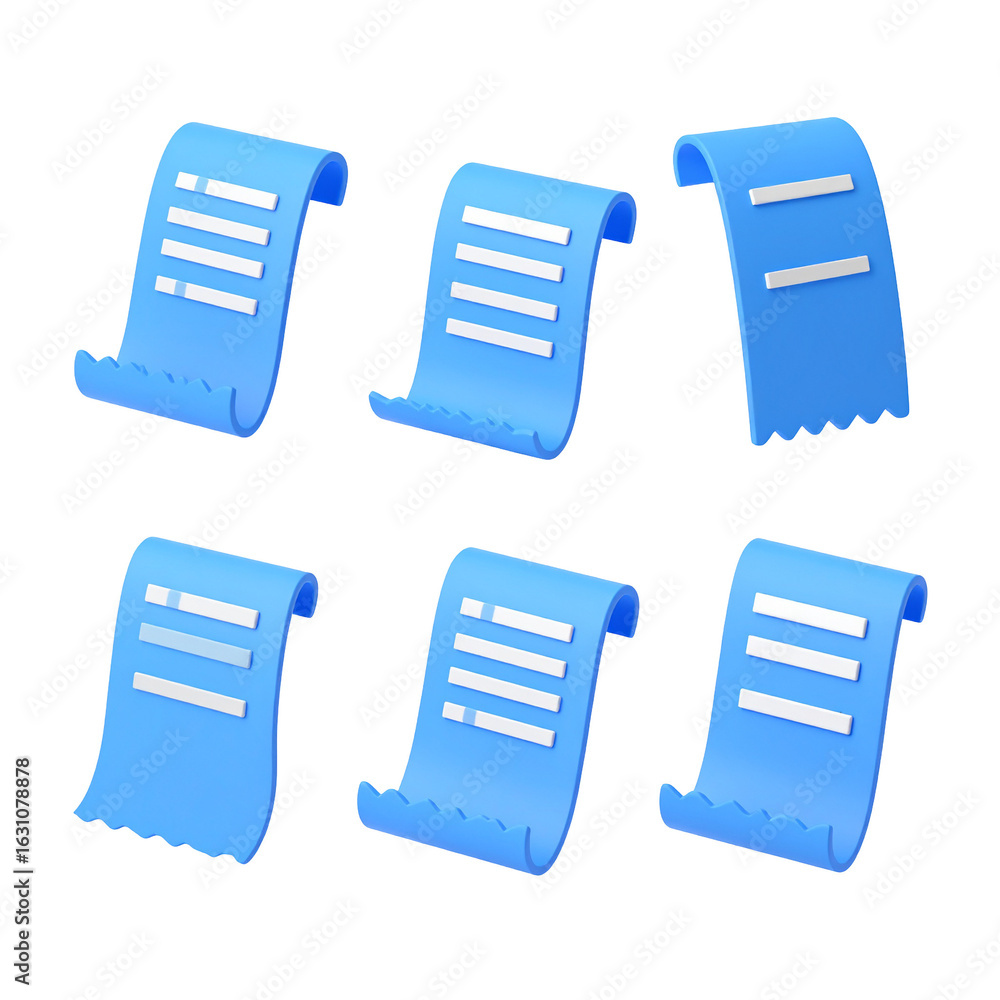 Poster blue scrolls, 3d rendered, each with lines suggesting text, organized in a group on a black backgrou