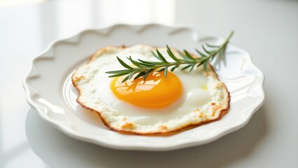 A Perfectly Cooked Sunny Side Up Egg With Rosemary Sprig on a White Plate