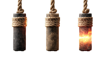 Bomb or dynamite fuses, burning wicks with fire and sparks isolated on transparent background. Vector realistic set of 3d rope detonators for explosive, tnt and fireworks