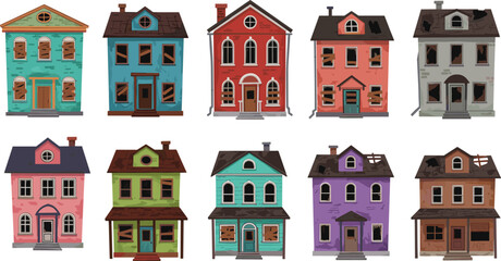 Set of abandoned house vector illustrations, broken windows, spooky building design, flat cartoon haunted homes, damaged roofs, creepy Halloween real estate scene graphic