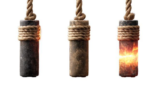 Bomb or dynamite fuses, burning wicks with fire and sparks isolated on transparent background. Vector realistic set of 3d rope detonators for explosive, tnt and fireworks