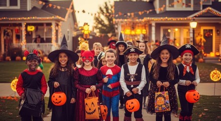 Children in Halloween costumes walking in a residential neighborhood.