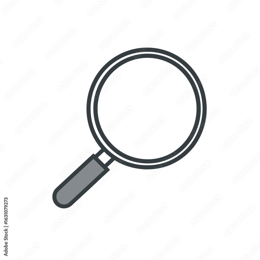Poster magnifying glass icon with dark gray and handle on transparent background