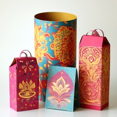 Vibrant decorative boxes and card with ornate patterns