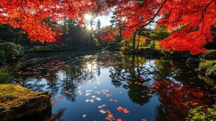 Autumn leaves on lake