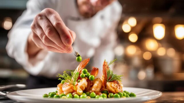 Expert Chef Gently Placing Peas atop a Saut�ed Shrimp Dish for Exquisite Presentation