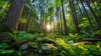 Obraz premium futuristic illustration of lush green forest with sunlight glowing