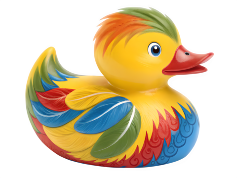 Colorful rubber duck toy with rainbow feathers and bright yellow body