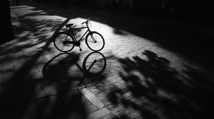 Bicycle silhouette and long shadows on textured pavement