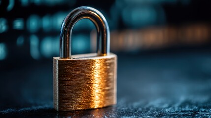 Futuristic glowing secure gold padlock on dark background