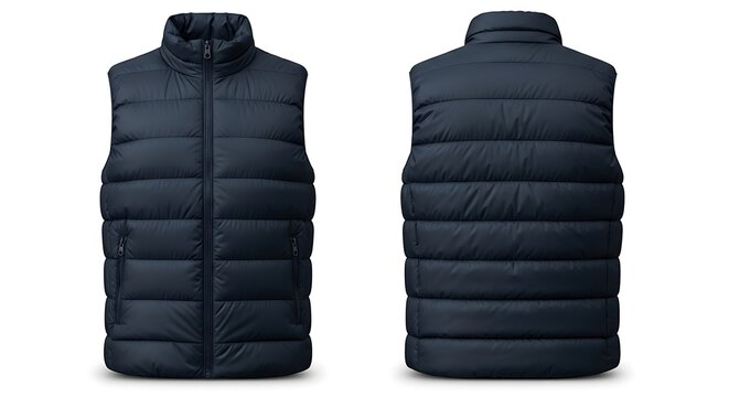 Blank navy blue puffer vest mockup. Isolated front and back view of a sleeveless winter jacket for design presentation.