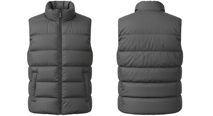 Stylish dark grey puffer vest mockup, front and back view. Sleeveless winter jacket concept for layering and warmth, isolated on white background.
