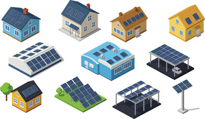 Isometric vector of buildings and houses with rooftop solar panels, green energy, renewable power, clean electricity, sustainable design