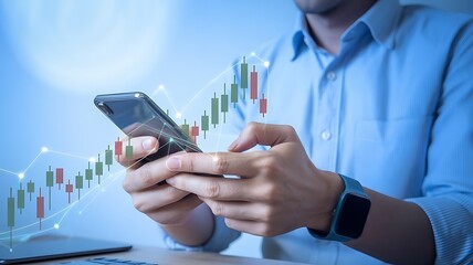 Close up of a man in a blue shirt using a smartphone with a stock market candlestick chart overlayed