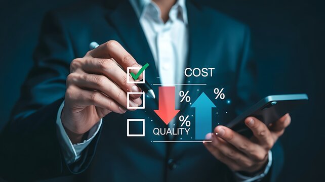 Businessman analyzing financial data with a digital interface showing cost reduction and profit increase with percentage indicators