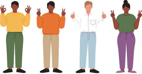 Diverse people showing hand gestures, OK sign, peace sign, thumbs up, casual clothing, flat vector illustration, multicultural, friendship, positivity, happy, isolated on white background