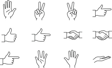 Hand gesture line icon collection with handshake, pointing, peace, open palm, vector illustration isolated on white background for communication, symbol, sign, and pose