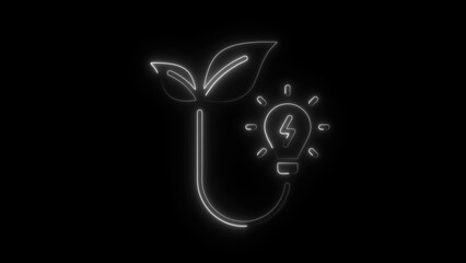 White Neon Outline of Plant with Leaves Connected to Lightbulb with Lightning Bolt on Black Background