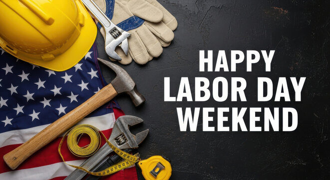 Happy labor day weekend usa flag with construction tools and work gloves on black background - Powered by Adobe