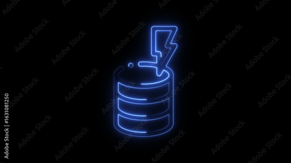 Poster blue neon database server icon with lightning bolt symbol on black background representing data stor