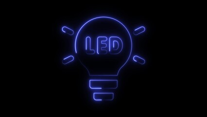 Blue neon light bulb with L E D text on a black background energy efficiency concept illustration