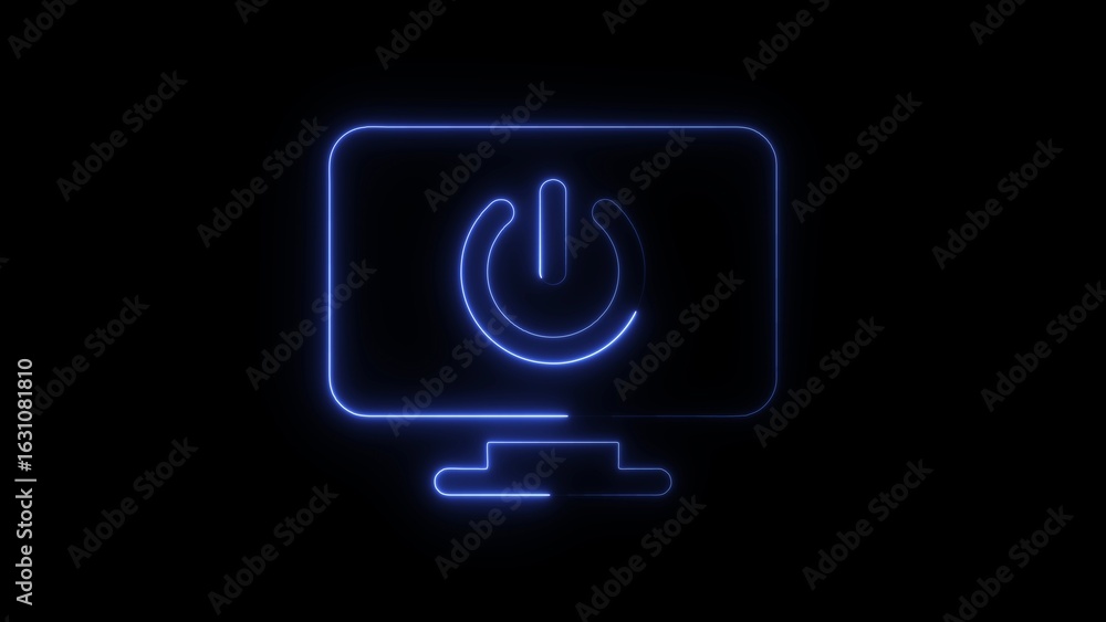 Poster glowing blue neon computer monitor with power button symbol on black background light