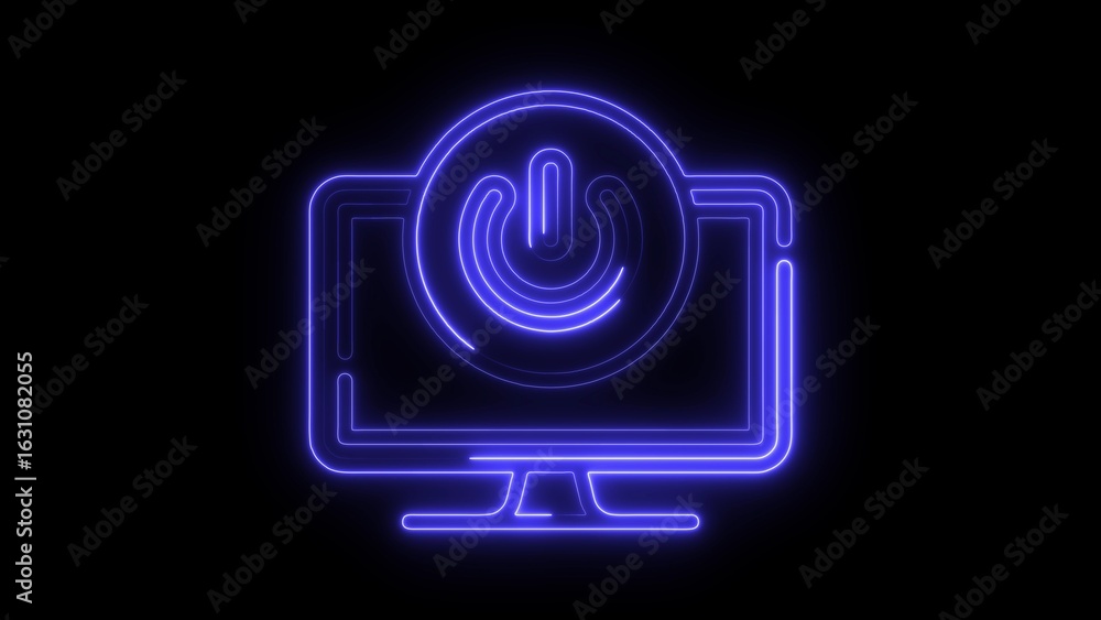 Poster glowing blue neon outline of a computer monitor with a power button symbol on a black background