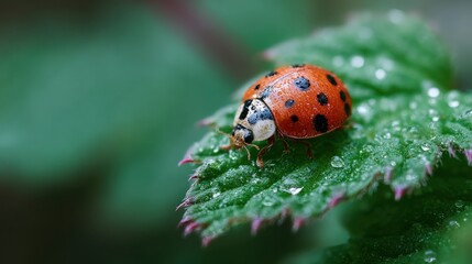 Obraz premium Ladybug on Dew-Kissed Leaf