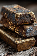 Rustic antique gold bars stacked on weathered wood surface with textured rough and shiny metallic details in warm lighting