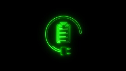Glowing Green Neon Battery Charging Symbol on Black Background with Circular Outline and Plug